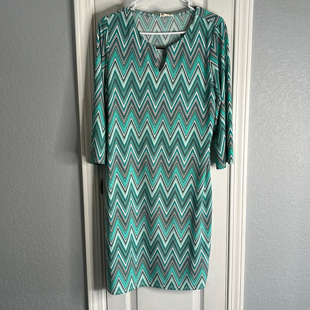 Messini womens dress, 3/4 sleeve, medium, green/white
